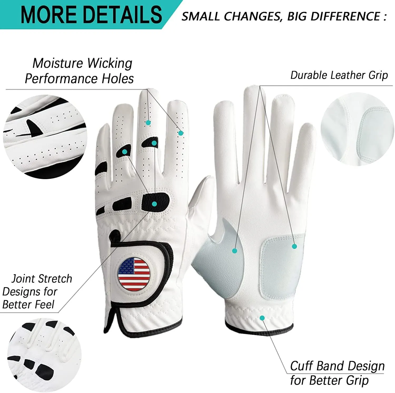 Amy Sport Golf Gloves Men Left Hand Right Handed Golfer 3 Pack with Ball Marker Soft Leather Weathersof Grip Mens Glove Size S M ML L XL XXL 3XL