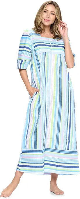 Casual Nights Women's Zip Front Woven House Dress | 3/4 Sleeves Housecoat Long Duster Lounger