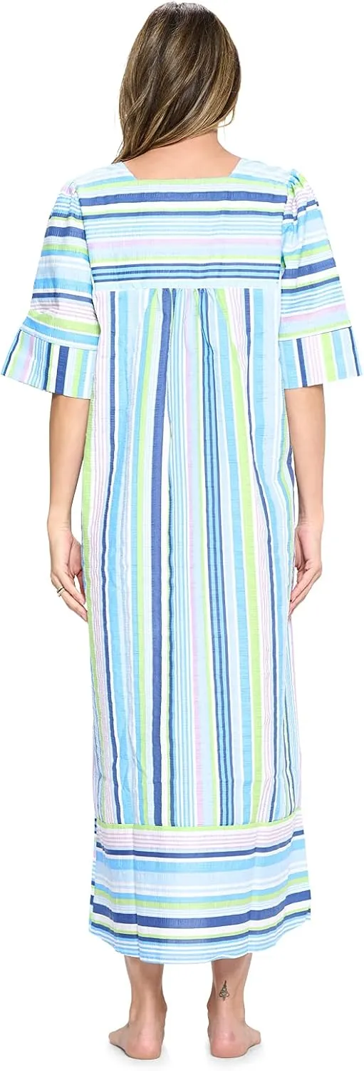 Casual Nights Women's Zip Front Woven House Dress | 3/4 Sleeves Housecoat Long Duster Lounger