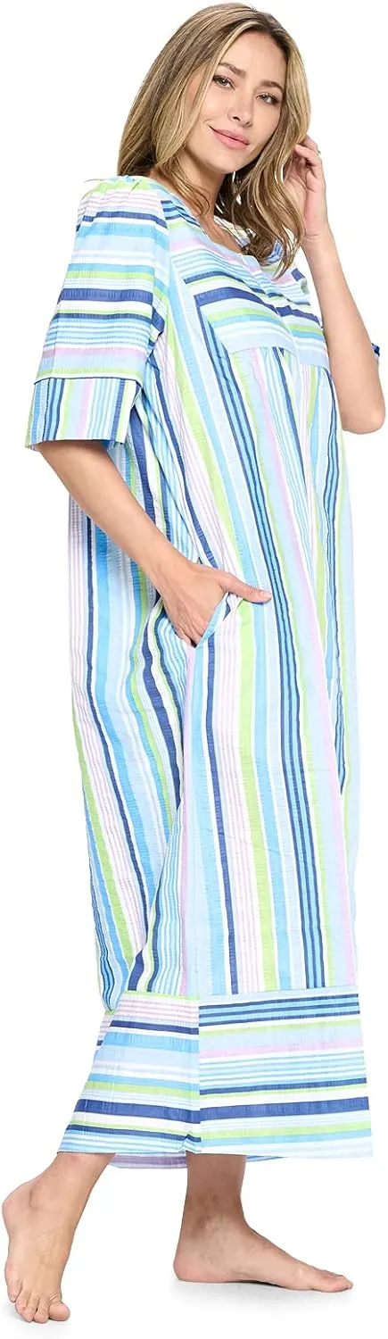 Casual Nights Women's Zip Front Woven House Dress | 3/4 Sleeves Housecoat Long Duster Lounger