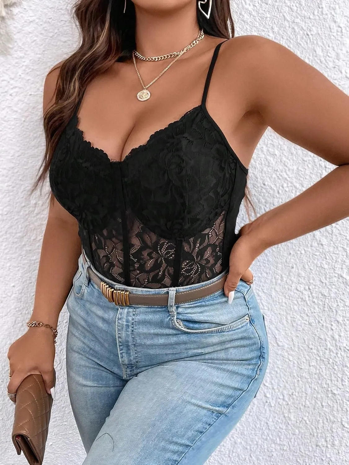 COZYEASE Women's Plus Size Lace Bustier Cami Bodysuit Sleeveless Sheer Mesh Corset Romper