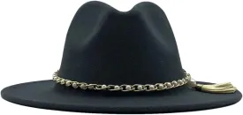 Dcvmvmn Unisex Pearl Tassel Chain Solid Color Fedora Hats Wool Jazz Wide Brim Panama Trilby Cap