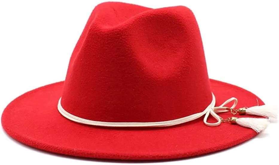 DHAEY 19 Colors National Style Woolen Hat with White Tassel British Felt Hat, Men's and Women's Jazz Flat Brim Hat Luopan Caps & Hats(Rose Red)