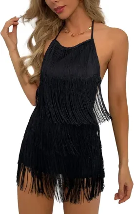 Ella Lust Sexy Backless Fringe Dress Jumpsuit - Western Country Concert Cowgirl Outfit for Women Nashville Tassel Romper