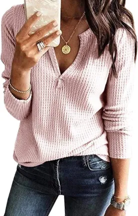 Famulily Womens Long Sleeve Tshirt V Neck Loose Fit Soft Waffle Knit Thermal Tops