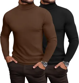 Ficerd 2 Pack Men's Turtle Neck Shirts, Lightweight Cotton Pullover Sweater Slim Fit Mock Turtleneck Knitted Long Sleeve Tops