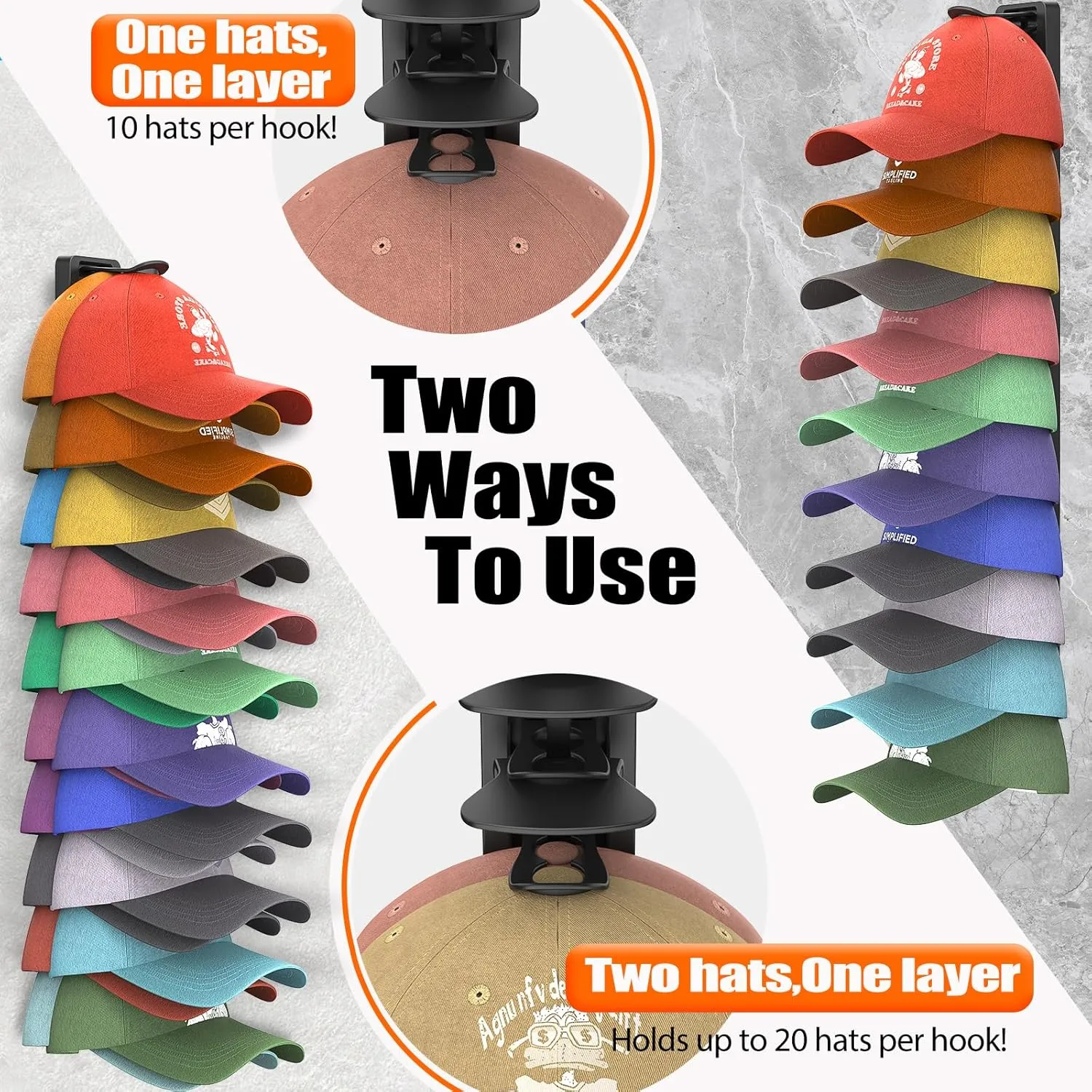 Hat Organizer for Baseball Caps Hold Up to 40 Hats, 2 Pack Hat Rack for Wall, Strong Adhesive Hat Storage Display Holder for Closet Door and Wall (Black)