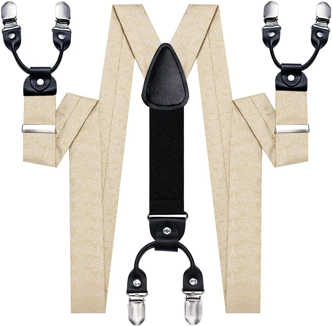 Hi-Tie Men's Suspenders and Tie Set Adjustable Y Braces and Pocket Square Set Strong 6 Clips for Tuxedo Wedding Prom