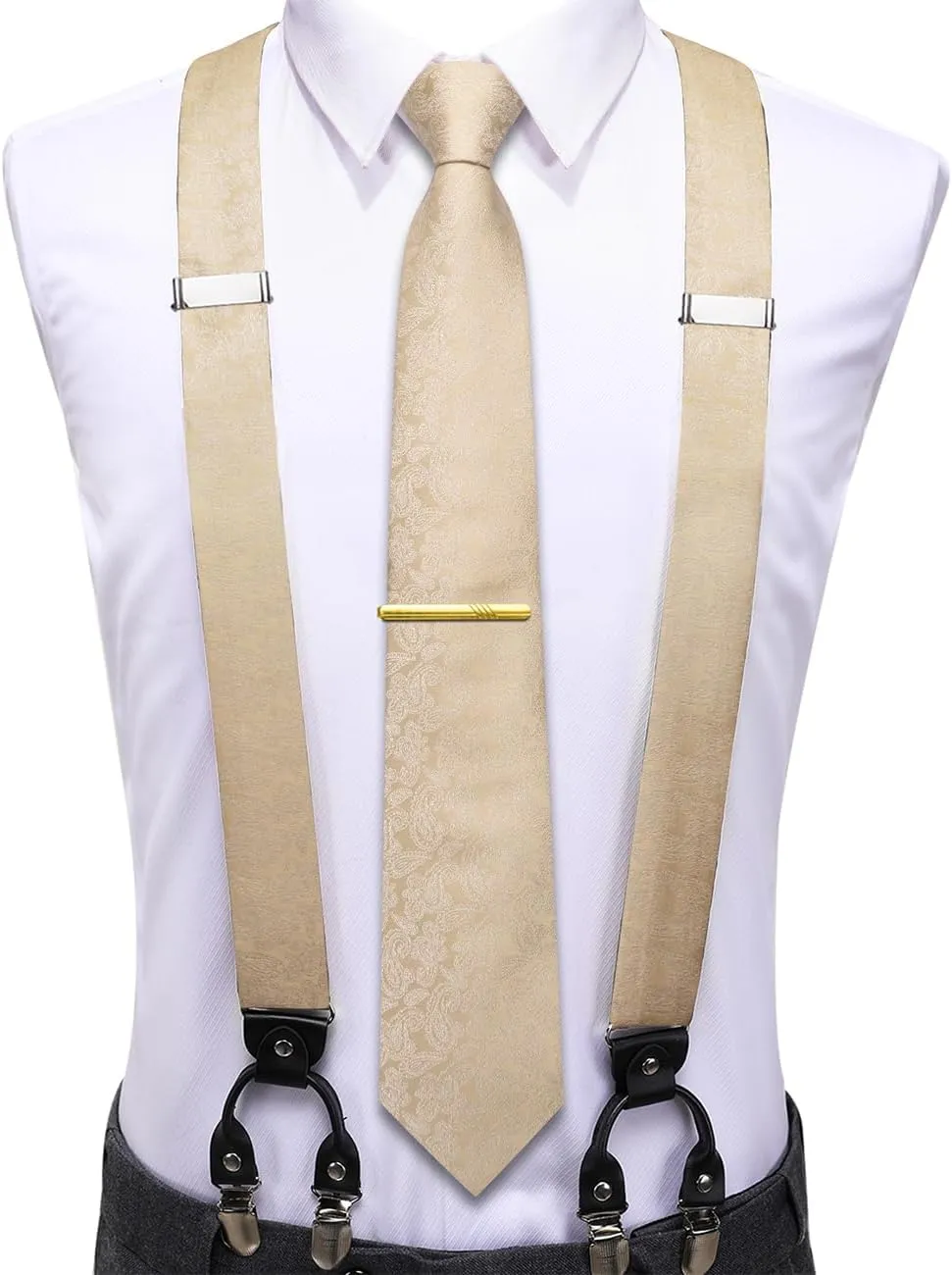 Hi-Tie Men's Suspenders and Tie Set Adjustable Y Braces and Pocket Square Set Strong 6 Clips for Tuxedo Wedding Prom