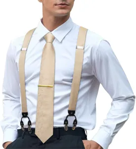 Hi-Tie Men's Suspenders and Tie Set Adjustable Y Braces and Pocket Square Set Strong 6 Clips for Tuxedo Wedding Prom