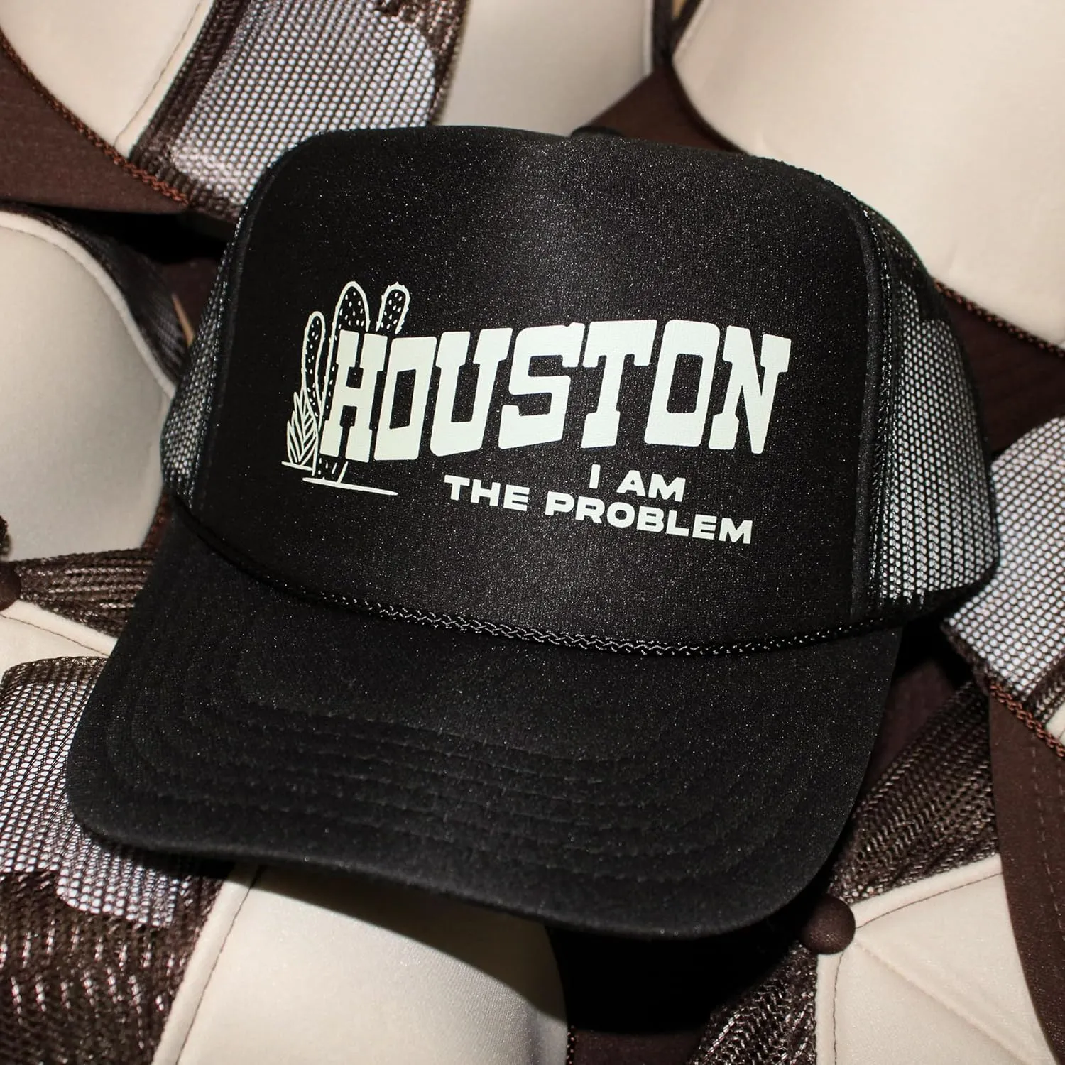 Houston I Am The Problem Trucker Hat | Vintage Cowboy Cowgirl Western Funny | Premium Mesh Foam Snapback Hat for Men & Women