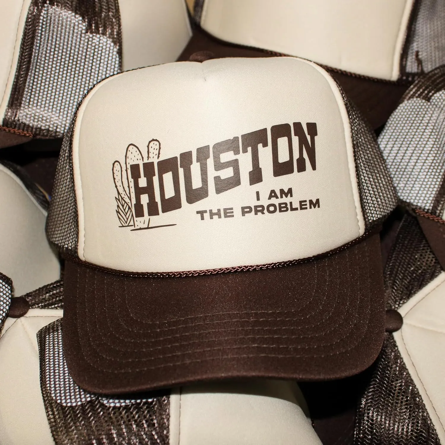 Houston I Am The Problem Trucker Hat | Vintage Cowboy Cowgirl Western Funny | Premium Mesh Foam Snapback Hat for Men & Women