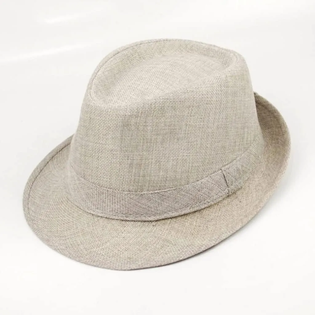 JSEIAJB Men Fedora Hats Classic Solid Linen Jazz Cap Male Khaki Brand Spring Plain Outdoor Beach Hat