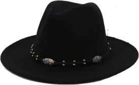 Men's Vintage Wide Brim Fedora Hats for Women Men Church Party Jazz Panama Hat with Decorative Belt Black