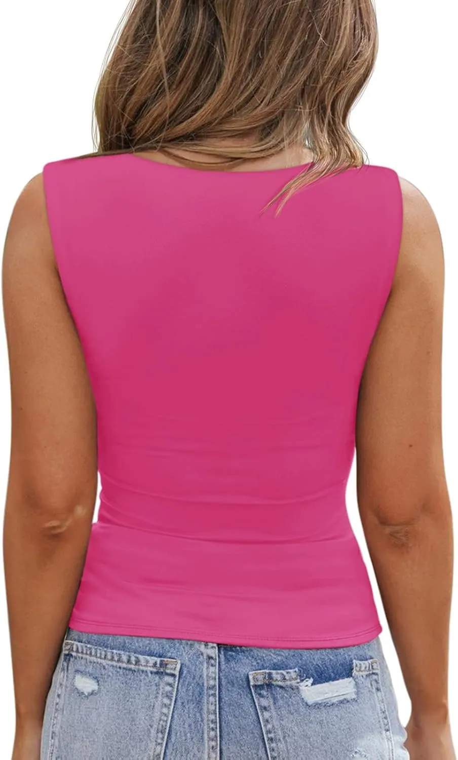 PINKMSTYLE Womens Basic Fitted Square Neck Tank Tops Double Lined Summer Tops Cute Sleeveless Shirts