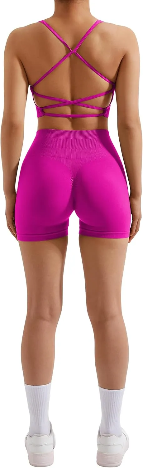 RXRXCOCO Seamless Workout Sets for Women 2 Piece Strappy Sports Bras Scrunch Butt Booty Shorts Matching Yoga Tracksuits