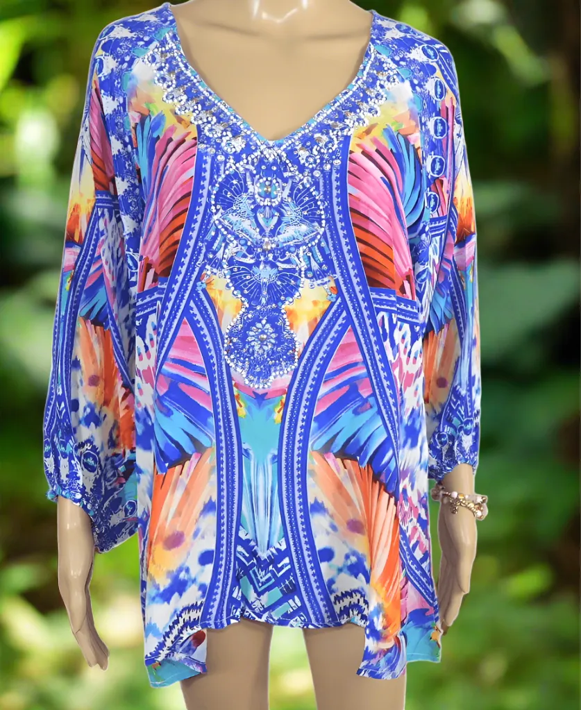 Silk Embellished Gypsy Top - Butterfly Blue-Fashion Spectrum
