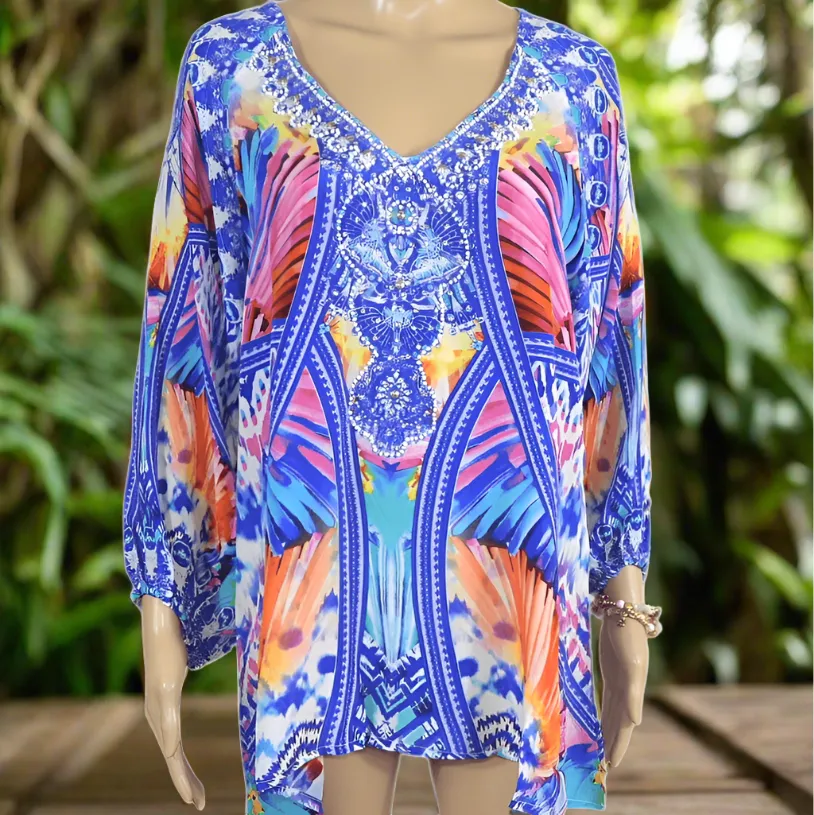 Silk Embellished Gypsy Top - Butterfly Blue-Fashion Spectrum