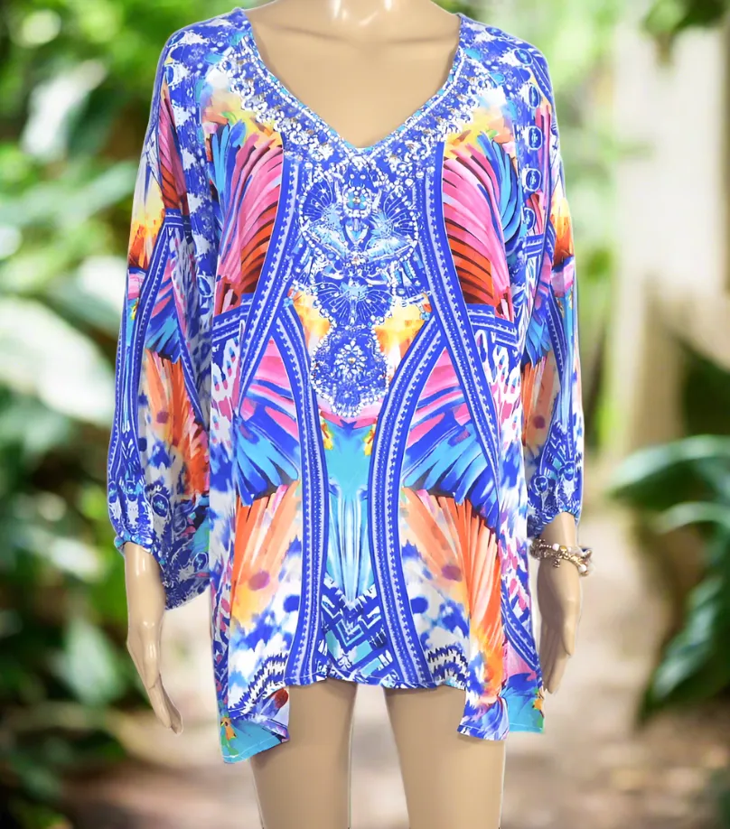 Silk Embellished Gypsy Top - Butterfly Blue-Fashion Spectrum