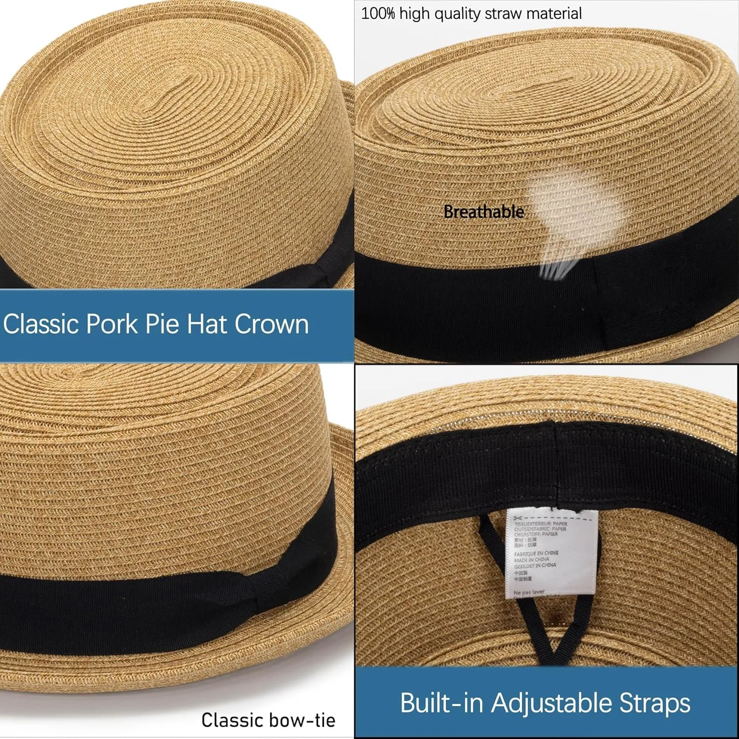 Straw Boater Hat for Women Men, Foldable Flat Brim Panama Hat, Beach Sun Hat UV-Protection, Fedora Derby Pork-Pie Hat
