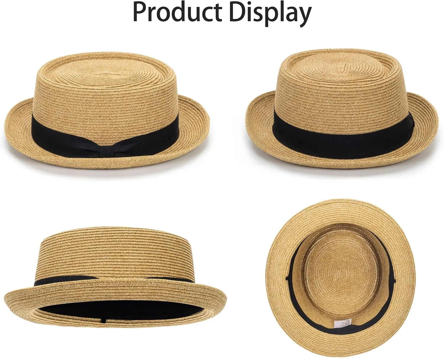 Straw Boater Hat for Women Men, Foldable Flat Brim Panama Hat, Beach Sun Hat UV-Protection, Fedora Derby Pork-Pie Hat