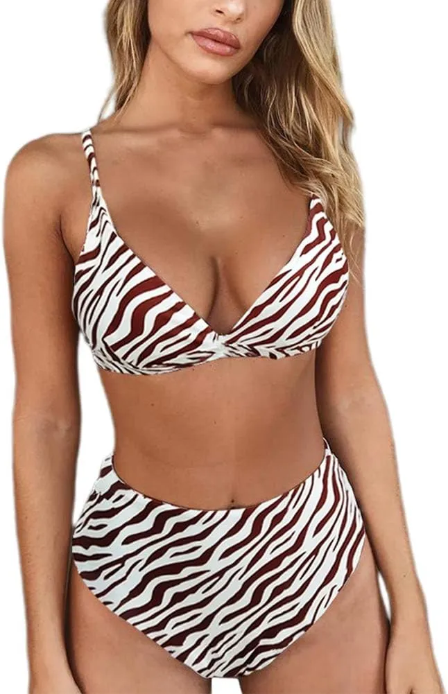 TSWRK Women's High Waist Leopard Print Bikini 2 Pieces Swimsuits Cheeky Bottom