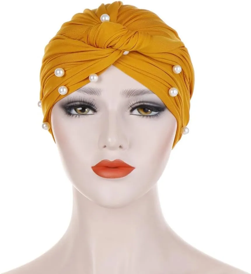 Turban for Women's Hair Pre-Tied Bonnet Beanie Cap Elastic Stretchy Headband Solid Color Pearls Hair Wrap Cap