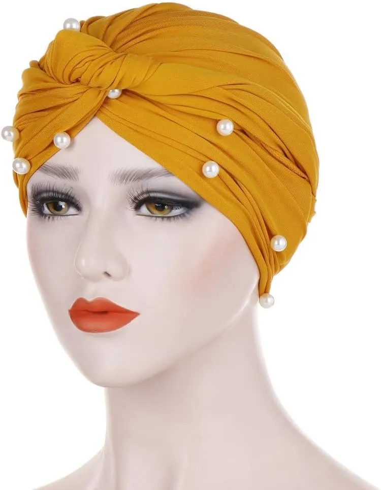 Turban for Women's Hair Pre-Tied Bonnet Beanie Cap Elastic Stretchy Headband Solid Color Pearls Hair Wrap Cap