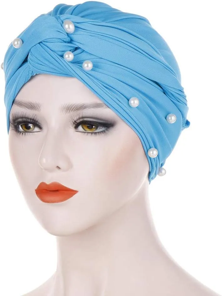 Turban for Women's Hair Pre-Tied Bonnet Beanie Cap Elastic Stretchy Headband Solid Color Pearls Hair Wrap Cap