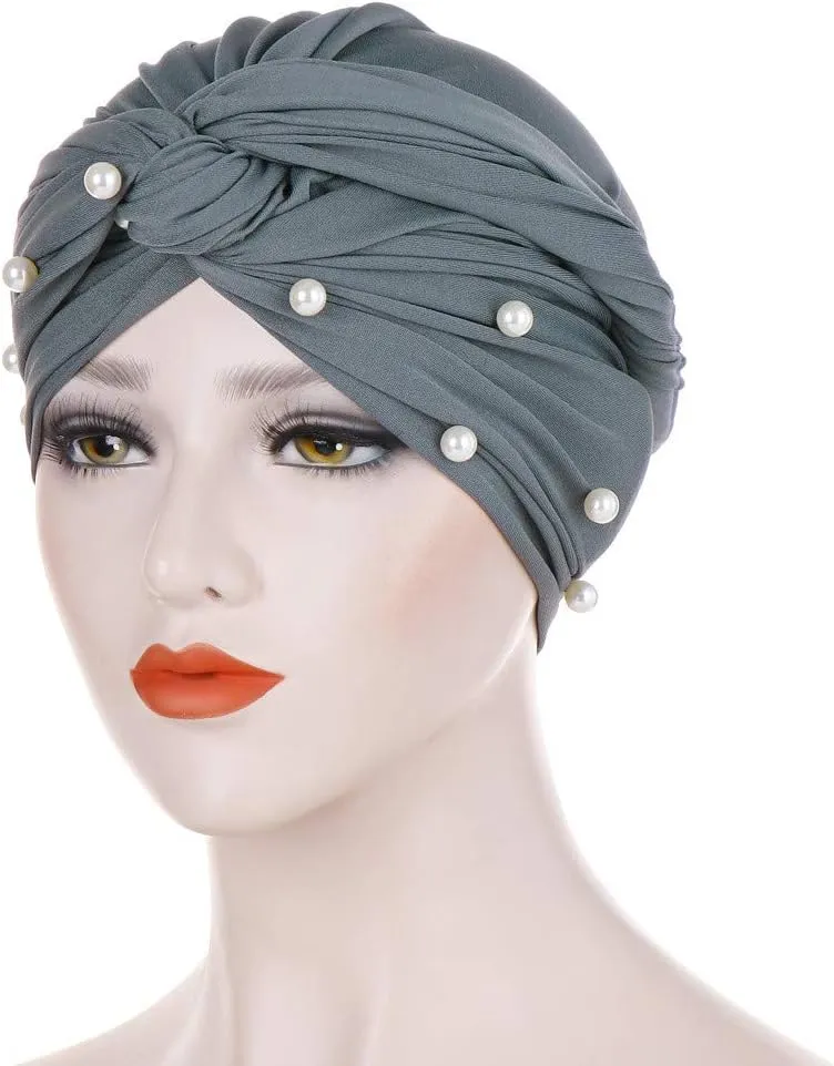 Turban for Women's Hair Pre-Tied Bonnet Beanie Cap Elastic Stretchy Headband Solid Color Pearls Hair Wrap Cap