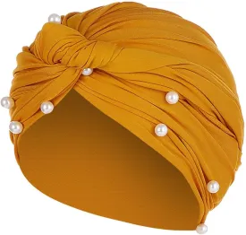 Turban for Women's Hair Pre-Tied Bonnet Beanie Cap Elastic Stretchy Headband Solid Color Pearls Hair Wrap Cap