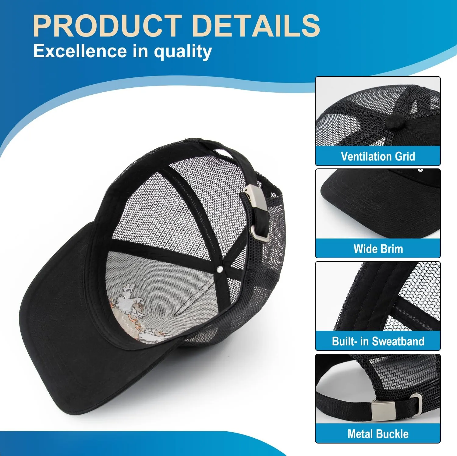 Unisex Trucker Adjustable Mesh Baseball Cap Dad Hat for Men Women Breathable Mesh Side with Stainless Steel Cap Buckle