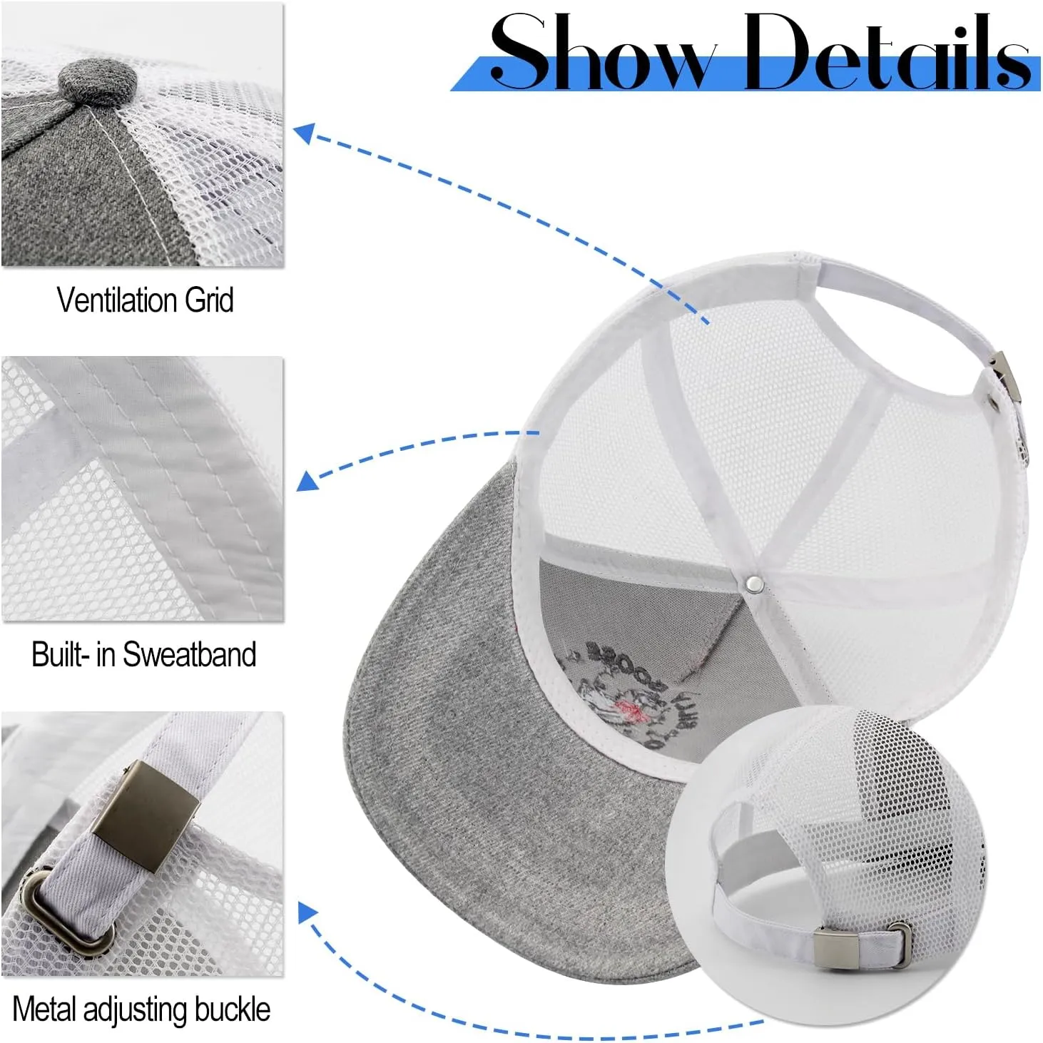 Unisex Trucker Adjustable Mesh Baseball Cap Dad Hat for Men Women Breathable Mesh Side with Stainless Steel Cap Buckle