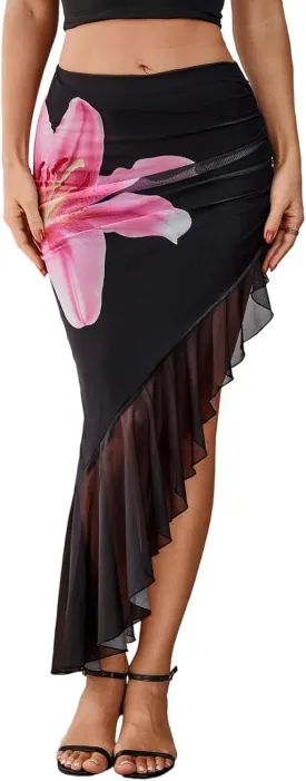 Verdusa Women's Asymmetrical High Slit Mesh Long Skirts Ruffle Hem Ruched Flowy Bodycon Skirt