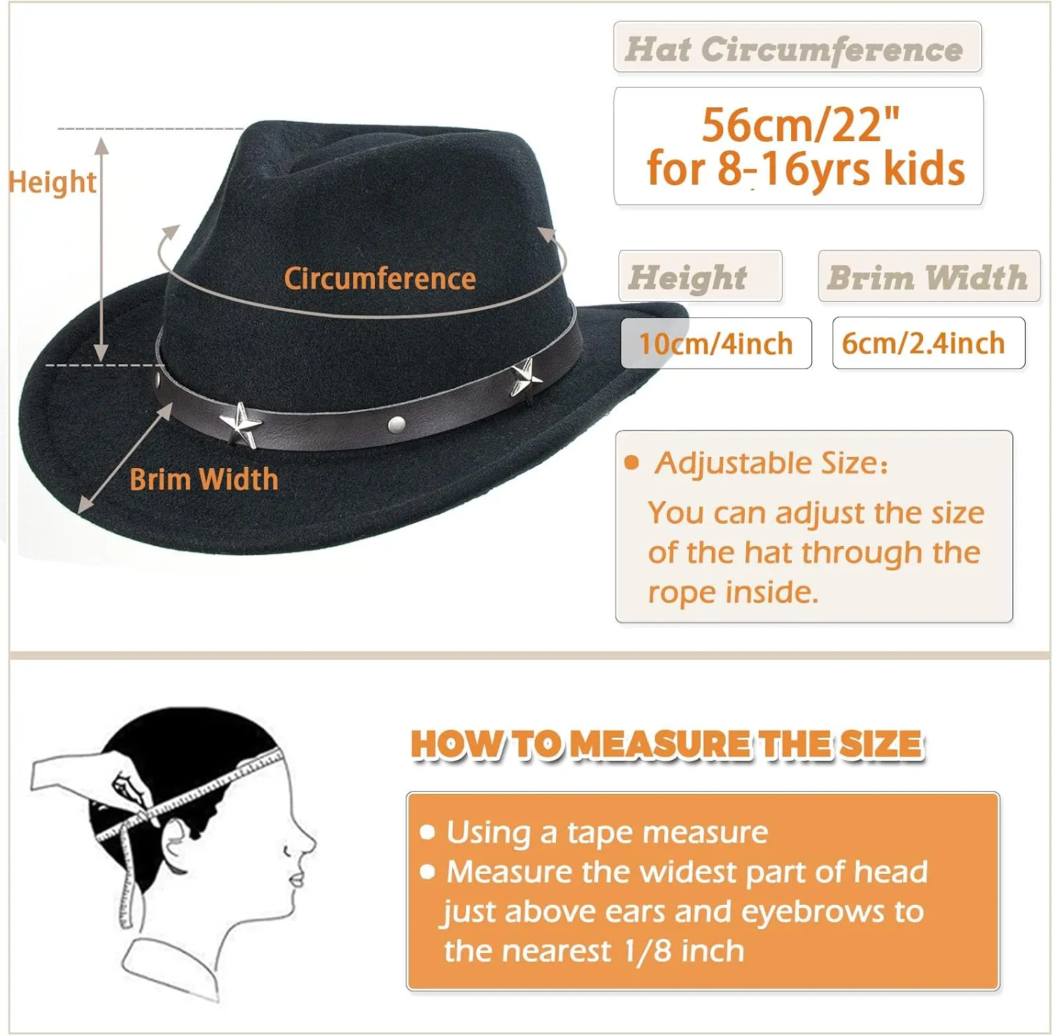 Western Cowboy Hat for Teens Big Kids Short Brim Roll Up Brim Cowgirl Hat Felt Fedora Hat for 8-16 Years