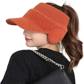 Women's Fashion Ear Guard Knit Cap-Winter Fleece Ponytail Hat Baseball w Earflap